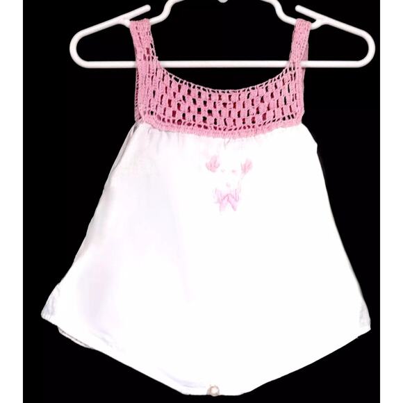 Newborn Baby Romper Homemade White Feed Sack with Pink Crochet Antique Garment - Picture 1 of 3